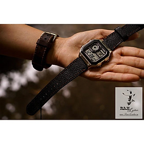 Dây đồng hồ da bò cho Casio AE1200 WHD và Seiko 5 37mm  (Tặng Khóa + Cây thay dây + 2 chốt) - Da dê đen tuyền