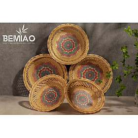Mua Đĩa mây  khay mây tre đan cách điệu đáy gỗ in họa tiết trang trí phòng ăn sang trọng Bemiao Shop