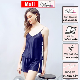 Đồ bộ mặc nhà phi lụa WANNABE BSS12 bộ sọt 2 dây đính nơ sườn khoe eo thon nữ tính quyến rũ