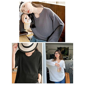 Áo Nỉ Dài Tay Tổ Ong Trơn Nữ Hàn Quốc Cổ Khoét Dáng Rộng Cực Dễ Phối Đồ