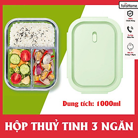 Hộp Cơm Văn Phòng Thuỷ Tinh 3 Ngăn Tiện Lợi Dung Tích 1000ml - Hộp Đựng Thực Phẩm Chịu Nhiệt Chống Tràn Có Nút Thoát Khi Dùng Được Trong Lò Vi Sóng Chọn Màu