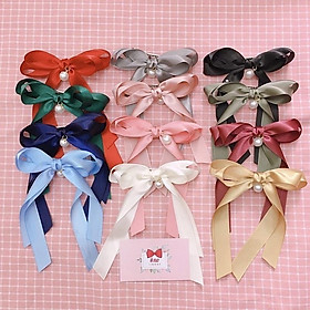 Kẹp Tóc Nơ 2 tầng đuôi dài Hạt Châu Handmade Cao Cấp Ribbon.mimi Sunshine cột / kẹp