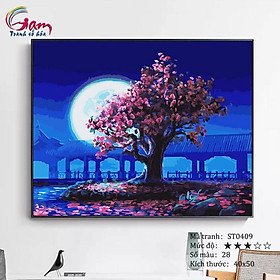 Mua Tranh tự tô sơn dầu số hoá phong cảnh - Mã ST0409 Cây hoa đào dưới trăng