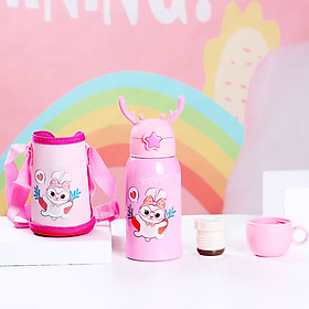 Mua Bình nước giữ nhiệt Inox 500ml hoạt hình dễ thương nắp sừng tuần lộc 3D kèm túi vải cho bé