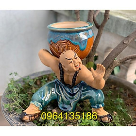 Mua Tượng tiểu cảnh la hán men xanh đồng cõng chậu cây gốm sứ Bát Tràng