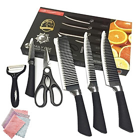 Bộ dao nhà bếp Nhật 8 MÓN, 04 dao nhiều kích thước khác nhau, 01 kéo, 01 dụng cụ nạo, có tặng kèm 02 khăn lau bếp đa năng, chất liệu thép gợn sóng cao cấp không gỉ
