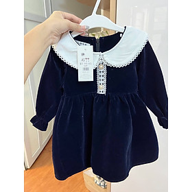 VÁY NHUNG CỔ SEN REN DÀI TAY CHO BÉ GÁI MÀU XANH THAN
