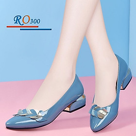 Giày búp bê nữ cao gót 2 phân hai màu đen xanh hàng hiệu rosata ro300