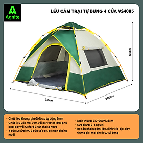 Lều cắm trại, picnic tự bung 4 cửa cao cấp Agnite dành cho 2-4 người - dễ dựng - tiện lợi - chống tia UV, chống thấmnước