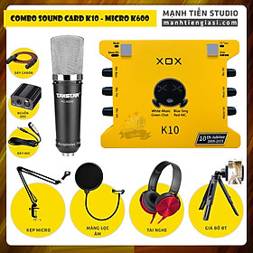 Combo thu âm, livestream Micro TakStar PC-K600, Sound card XOX K10 Jubilee - Kèm full phụ kiện nguồn 48V, kẹp micro, màng lọc, tai nghe, giá đỡ ĐT - Hỗ trợ thu âm, karaoke online chuyên nghiệp - Hàng chính hãng