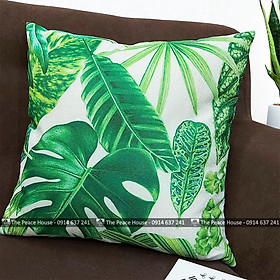 vỏ gối vuông tựa lưng trang trí sofa 45x45cm hoạ tiết LÁ XANH