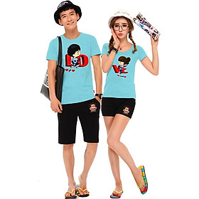 Bộ Áo Thun Đôi Nam Nữ Love Màu Xanh Thiên Thanh