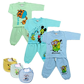 Combo 3 bộ quần áo trẻ em cotton mẫu tay dài màu nhạt (Tặng kèm 1 yếm Thái Hà Thịnh)