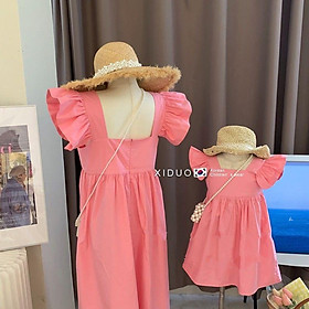 SHUANGYAN Quần áo trẻ em Hàn Quốc Phụ nữ thời trang Hàn Quốc ngọt ngào cổ vuông váy mẹ tay áo màu hồng công chúa váy
