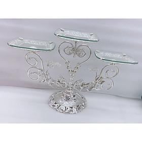 KHAY ĐỰNG BÁNH KẸO HOA QUẢ THỦY TINH 3 TẦNG KHUNG KIM LOẠI - VD28