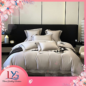 Set lụa 4 món thêu viền phong cách Nhật Bản LYG tặng thêm 02 ruột gối Micro cao cấp