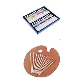 12 Pcs Assorted Nylon Hair Painting Brushes Set with Wooden Palette And Acrylic Paints