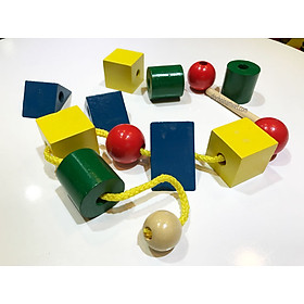 Đồ chơi xâu hạt, xỏ dây bằng gỗ tạo hình học khối montessori