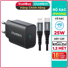 Combo Củ Sạc Nhanh 25W CHOETECH PD6003 Và Cáp Type C to Lightning MFI 20W Dây Nylon Dài 1.2m IP0039 Dành Cho iPhone iPad - Hàng Chính Hãng