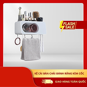 Kệ Cài Bàn Chải Đánh Răng Kèm Cốc - Giá Úp Cốc Dán Tường Có Thanh Treo Khăn Đa Năng - Kệ Để Đồ Nhà Tắm Tiện Lợi