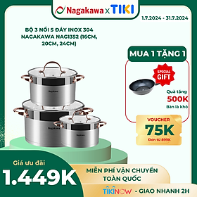 Bộ 3 Nồi Inox 304 Đáy Từ 5 Đáy Nagakawa NAG1352 (16cm, 20cm, 24cm) - Hàng Chính Hãng