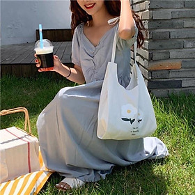 Túi Tote Túi Vải Nữ Canvas đeo vai Hoa Trắng dây thắt phong cách Hàn Quốc nhẹ nhàng nữ tính
