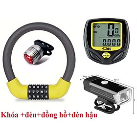 Mua Combo Khóa xe đạp 5 số vàng + Đèn pha siêu sáng + Đồng hồ xe đạp không dây + Đèn led hậu
