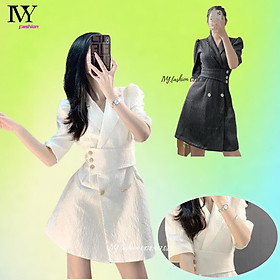 Đầm vest gấm cao cấp ép lót công sở trắng đen cổ V tay phồng tà chéo nút ivy.fashion đi biển dự tiệc dạo phố bigsize
