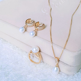 Bộ Trang Sức Ngọc Trai Nước Ngọt Thiên Nhiên Cao Cấp 4M - Kiểu Dây Chuyền Đính Đá - Ngọc Thiên Kim - KAITO PEARL (8-9ly) - CTJ0501