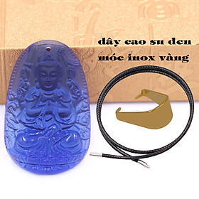 Mặt Phật Thiên thủ thiên nhãn thuỷ tinh xanh dương 3.6 cm kèm móc và vòng cổ dây cao su đen, Mặt Phật bản mệnh, Quan âm nghìn tay nghìn mắt