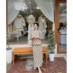 Set váy dài mì nỉ chấm bi basix