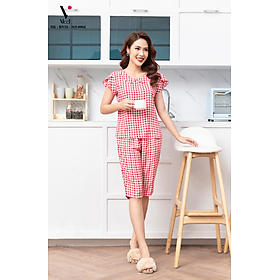 Bộ đồ mặc nhà nữ lanh (tole) Vicci BN10 thiết kế tay ngắn xẻ cách điệu phối quần lửng in họa tiết