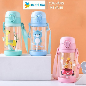 Bình uống nước 500ml cho bé có ống hút, dây đeo đi học, đi chơi giao màu