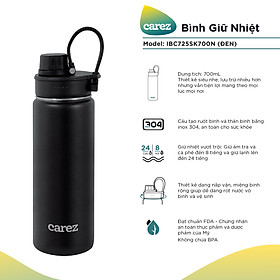 Bình Giữ Nhiệt Carez IBC725SK700N - Đen - 700ml, Inox 304, Không chứa BPA - Giữ nóng đến 8 tiếng, giữ lạnh đến 24 tiếng - Hàng chính hãng