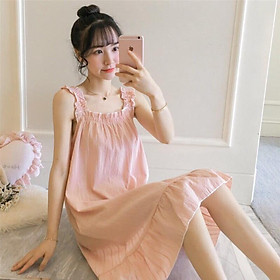 Mùa hè địu nữ váy ngủ mùa hè mỏng dệt bông dễ thương ngọt ngào nơ phong cách cổ tích váy ngủ không tay