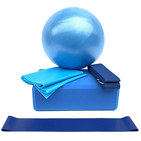 Bộ 5 dụng cụ tập yoga gồm Bóng tập yoga, Khối yoga Dây kéo giãn yoga Dây đeo vòng kháng lực, dây đeo bằng vải cotton-Màu xanh dương