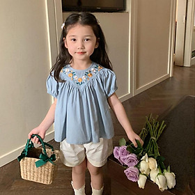 Set quần áo mùa hè thêu hoa vintage cho bé gái