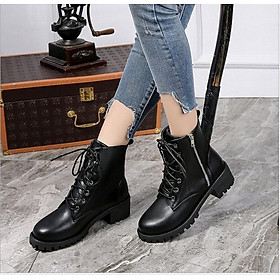 Giày boot nữ đế vuông cá tính cao 5cm khóa kéo kết hợp cột dây cá tính B145