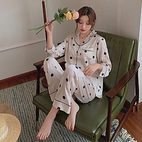 Bộ đồ ngủ, bộ ngủ nữ pijama lụa cao cấp Quảng Châu dài tay họa tiết trẻ trung