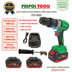 Combo Máy khoan pin 21V đầu kẹp 13mm động cơ không chổi than PHIPOL TOOLS PH3025 Kèm 2 pin và sạc - Hàng Chính Hãng