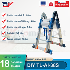  Thang nhôm rút đôi DIY TL-AI-38S chiều cao sử dụng tối đa chữ A 1.8m chữ I 3.8 m - Tiêu chuẩn chất lượng an toàn Châu Âu