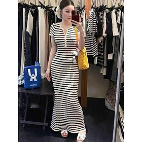 Váy Body Len Dài Kẻ Sọc Ôm Dáng Tôn Eo Sang Xinh