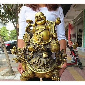 Tượng phật Di Lặc gánh tiền cưỡi long quy bằng đồng thau phong thủy