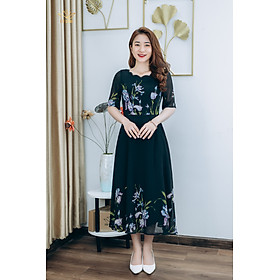 Đầm xòe thiết kế trung niên sang trọng Cổ sóng nước tay ngắn màu Đen hoa tím TTV STORE TTV1281