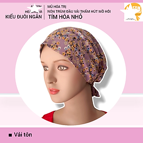 Nón hóa trị vải mềm mát, hút mồ hôi, bệnh nhân ung thư, chemo hat, nón trùm đầu [KIỂU ĐUÔI NGẮN-TÍM HOA NHỎ] 