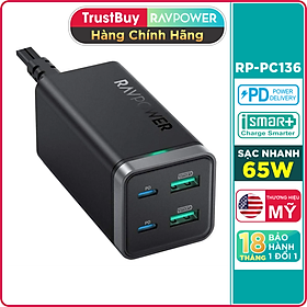 Hình ảnh Củ Sạc Điện Thoại 2 Cổng USB-A và 2 Cổng Type-C PD 65W QC 3.0 RAVPower RP-PC136 - Hàng Chính Hãng