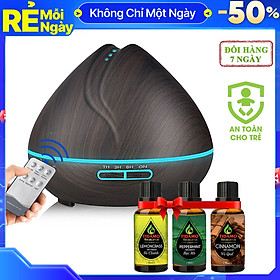 Máy Khuếch Tán Tinh Dầu Cao Cấp Chính Hãng Tặng 3 Chai Tinh Dầu Sả Chanh + Bạc Hà + Quế. Máy Xông Tinh Dầu Chuyên Dụng Có Remote Điều Khiển Từ Xa, Đèn LED Trang Trí, Xông Tinh Dầu và Phun Sương Tạo Ẩm