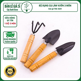 Dụng Cụ Làm Vườn Cán Gỗ 3 Món Dùng Trộn Đất sạch, Phân Bón, Hữu Cơ, Xơ Dừa Trồng Rau, Cây Cảnh