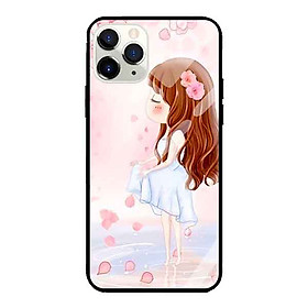 Ốp lưng kính cường lực cho iPhone 11 Pro Max Nền Cô Gái Váy Trắng Nền Hoa Đào - Hàng Chính Hãng