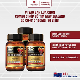 Bộ sản phẩm 3 hộp viên uống bổ tim nhập khẩu chính hãng New Zealand GO CO Q10 160mg(30 viên) giảm lão hóa tim mạch; giúp cơ thể khỏe mạnh